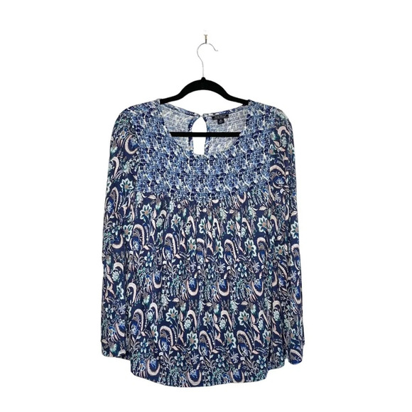 Lucky Brand Blue Paisley Floral Top Smock Front Bell Sleeve Medium Women’s - Picture 1 of 12